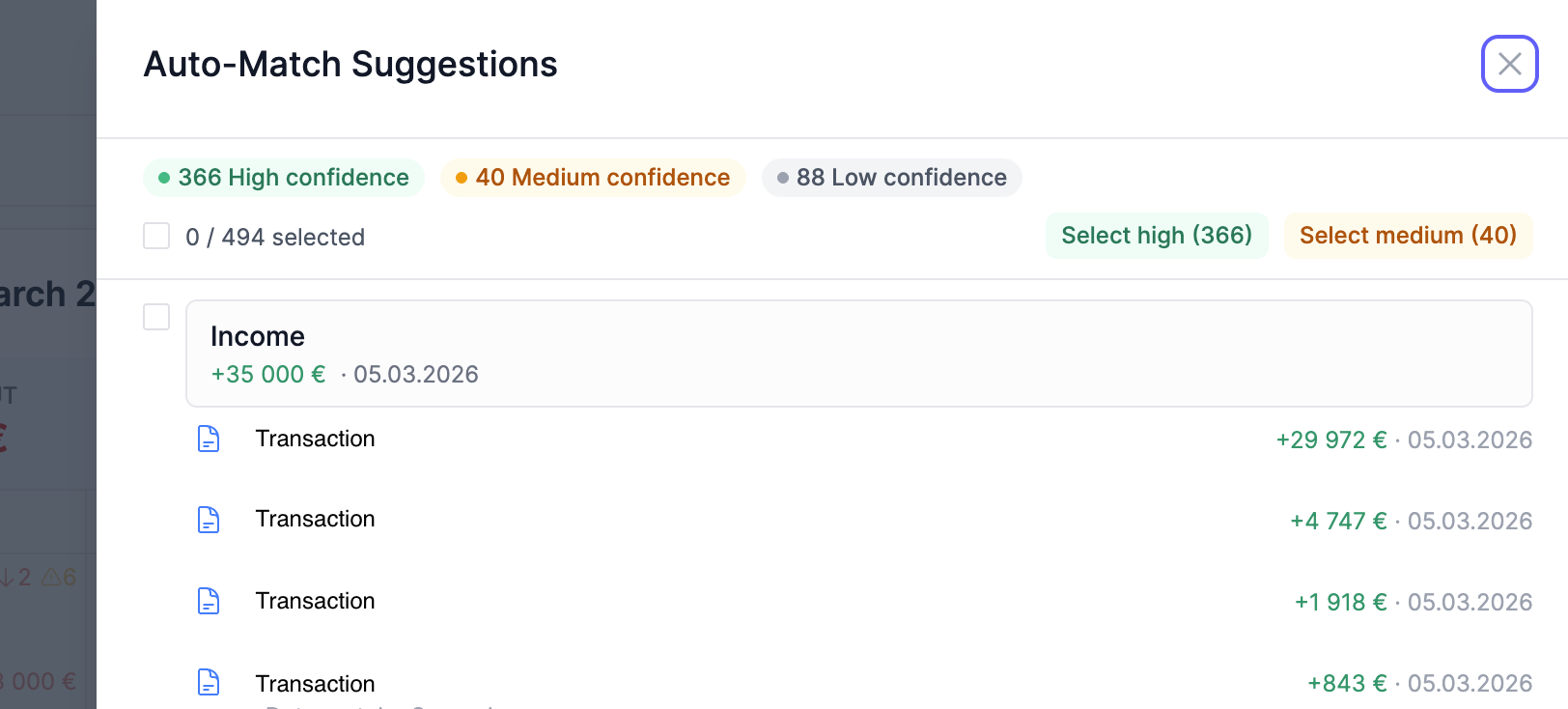 BinarBase auto-match suggestions panel showing confidence-based grouping with bulk selection controls