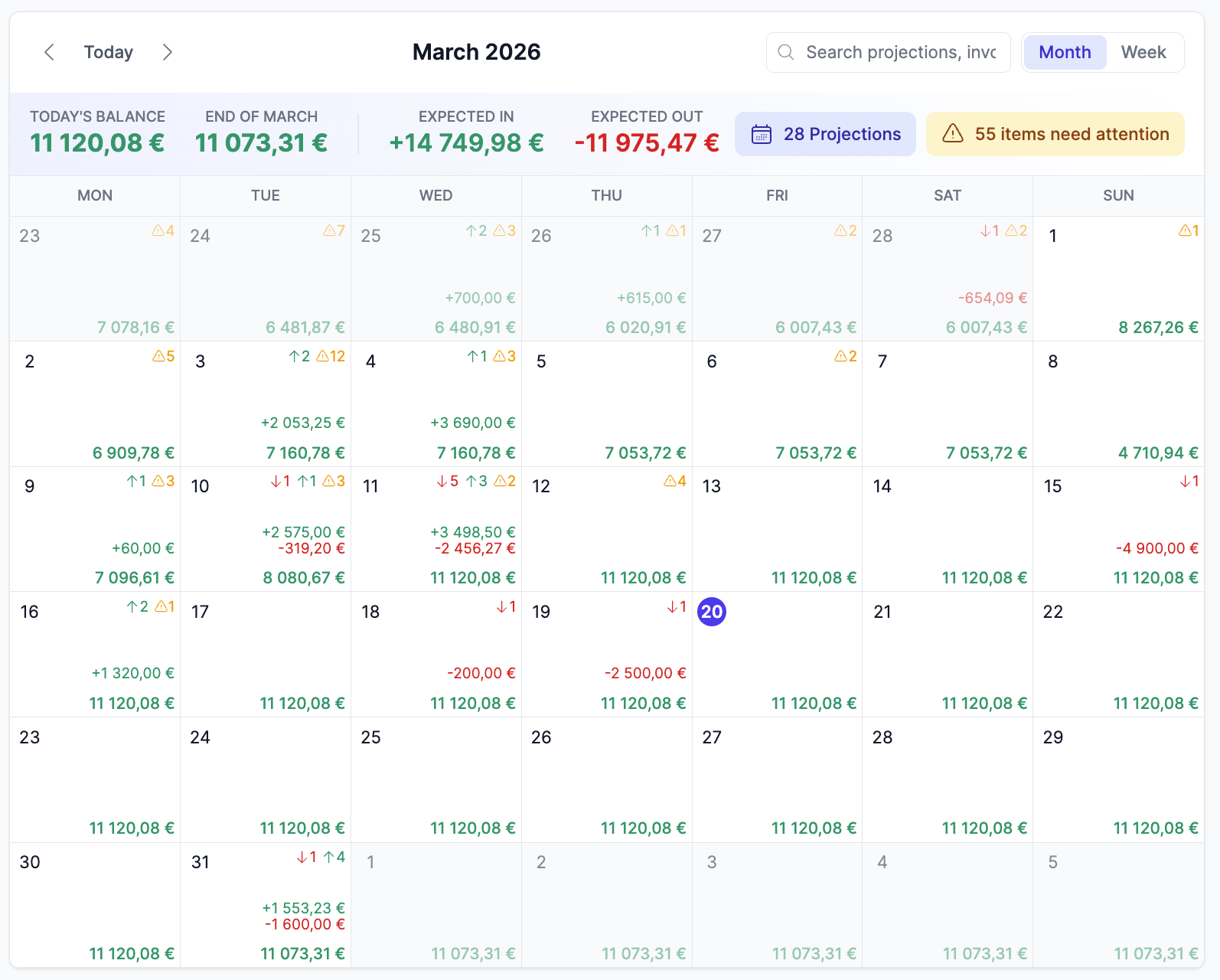 BinarBase cashflow calendar month view showing real-time cash position with historical balances, gap carry-forward, and future projections