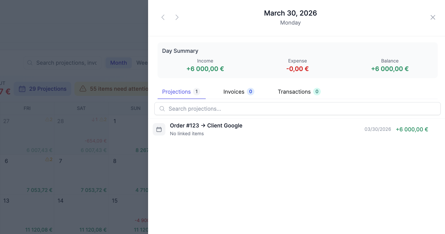 BinarBase projection detail panel showing day summary with linked invoices and transactions tabs